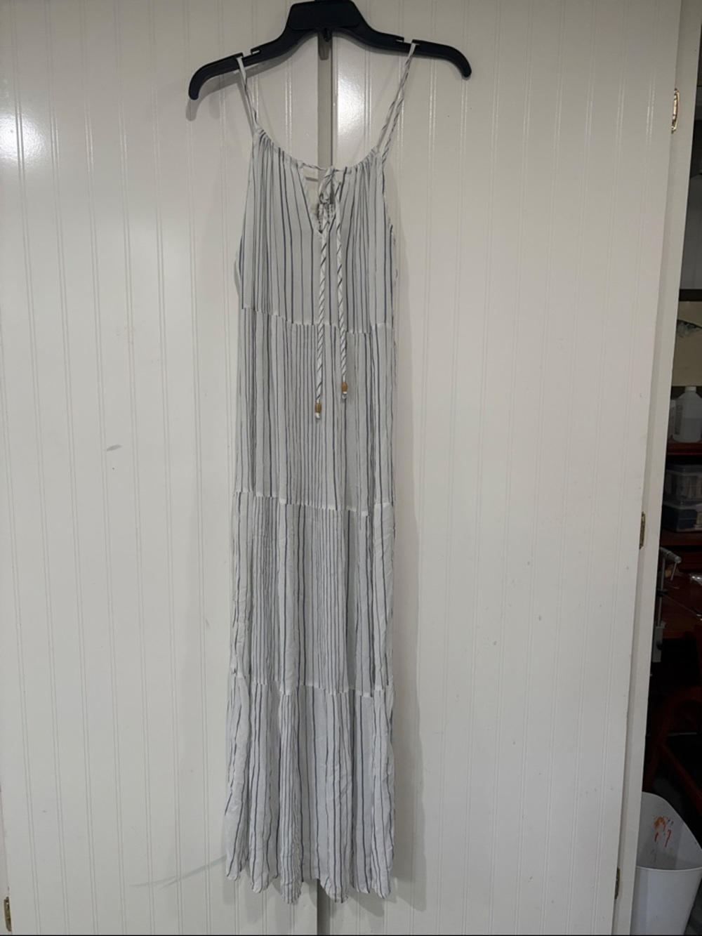 Striped Spaghetti-Strap Maxi Dress in Light Gray